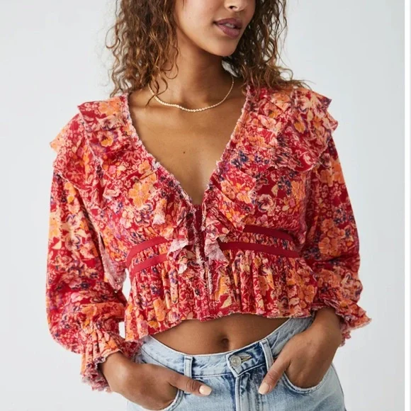 🆕Free People Ruffled Cropped Blouse - Picture 6 of 7
